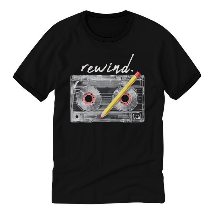 Rewind Cassette Tape Nostalgia 80s 90s Retro Music Lover Unisex Cotton Ringer T-Shirt