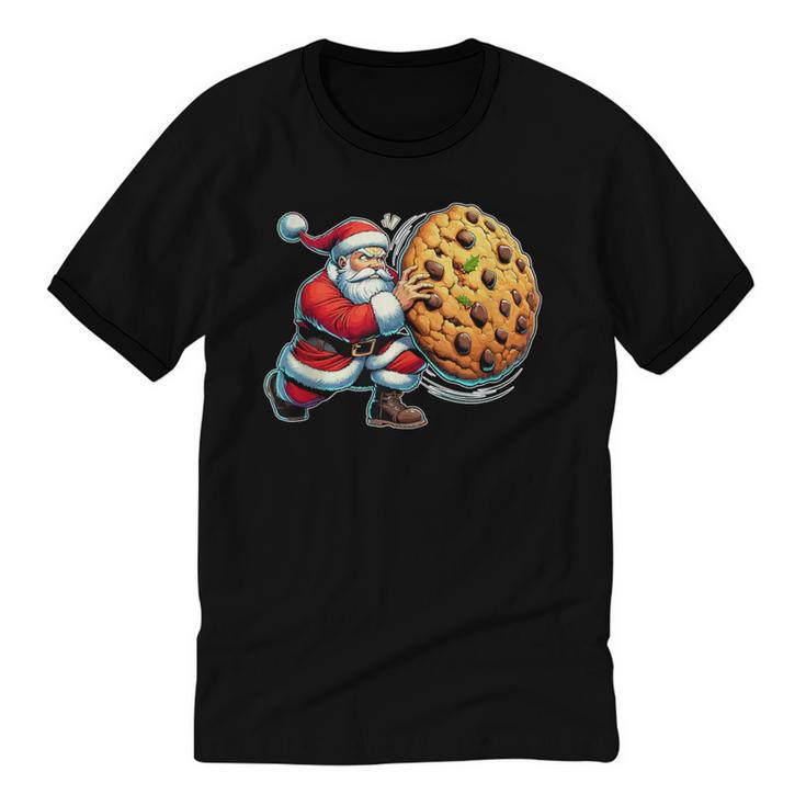 Santa Holding Cookie Xmas Baker Introvert Christmas Unisex Cotton Ringer T-Shirt