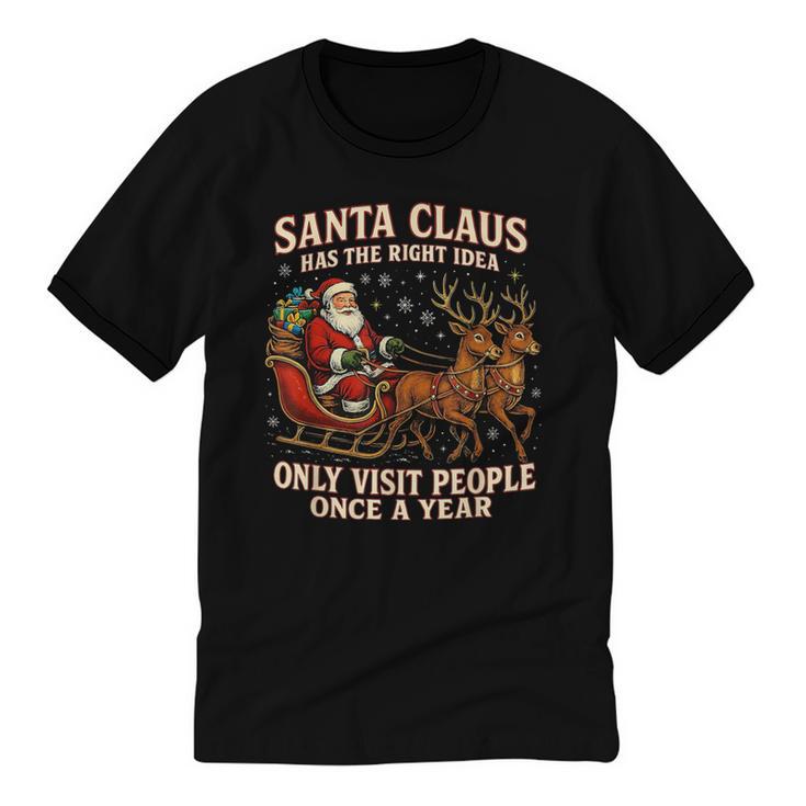Santa Has The Right Idea Introvert Christmas Unisex Cotton Ringer T-Shirt