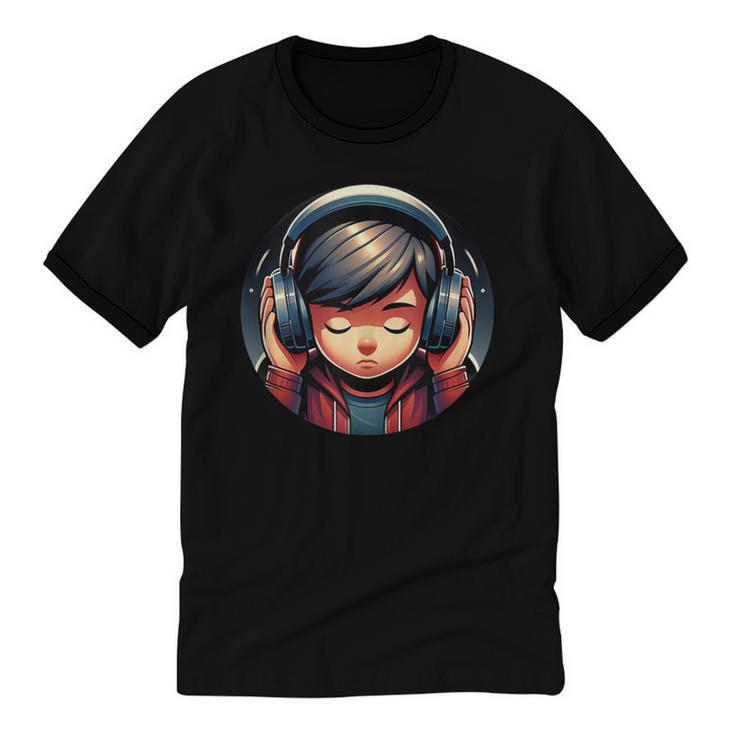 Serene Music Enthusiast With Headphones Introvert Cute Boy Unisex Cotton Ringer T-Shirt