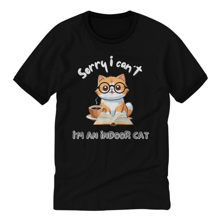 Sorry I Can't Indoor Cat Top For Introvert With Coffee Book For Men Women Kids Unisex Cotton Ringer T-Shirt