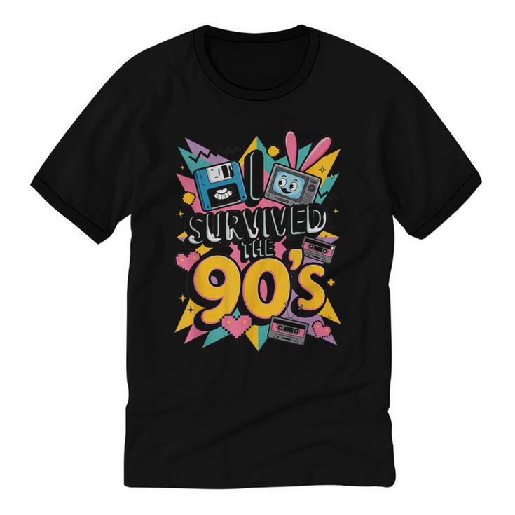 I Survived The 90s – Cute Retro Cartoon Nostalgia Unisex Cotton Ringer T-Shirt
