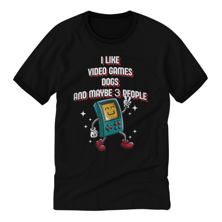 I Like Video Games Dogs And Maybe 3 People Gamer Introvert Unisex Cotton Ringer T-Shirt