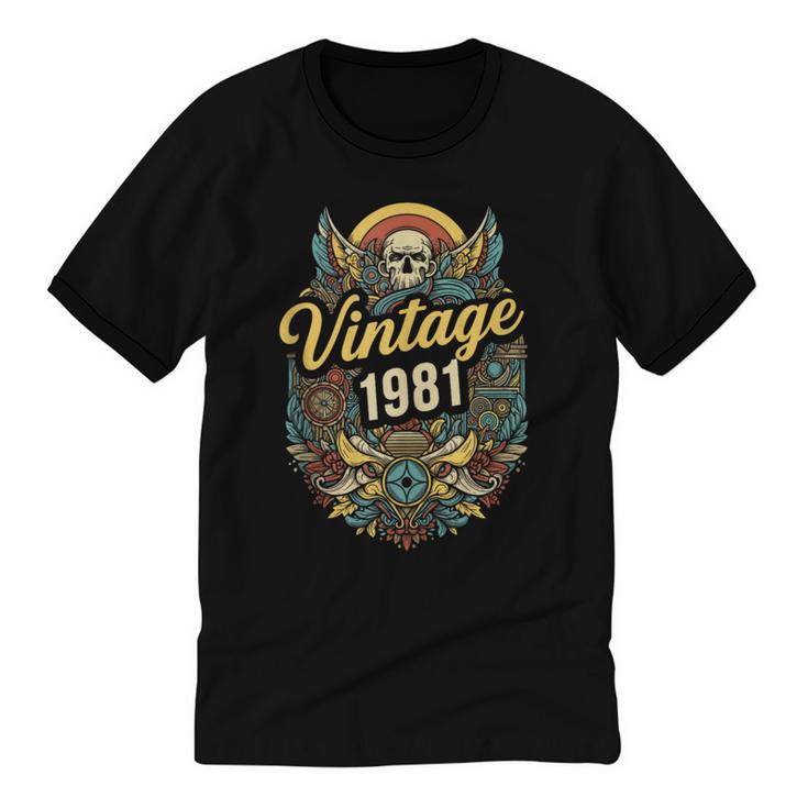 Vintage 1981 Retro Badge Nostalgia Eighties Compass Skull Unisex Cotton Ringer T-Shirt