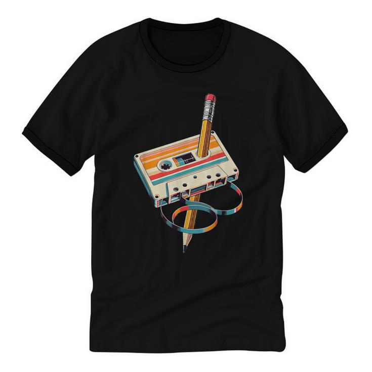 Vintage Cassette Tape And Pencil Nostalgia Party 70s 80s 90s Unisex Cotton Ringer T-Shirt