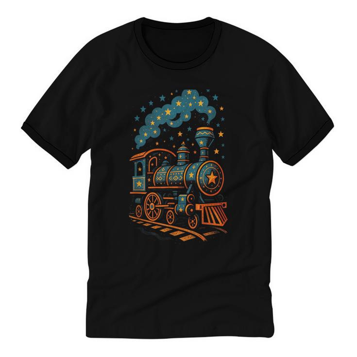 Vintage Locomotive Nostalgia Railroad Stars Unisex Cotton Ringer T-Shirt