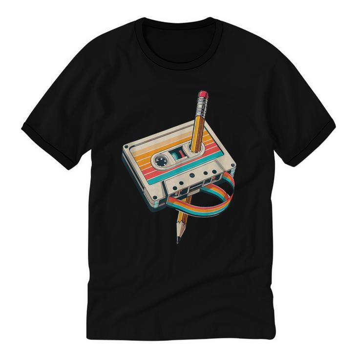 Vintage Pencil Rewind Cassette Tape Nostalgia Party 80s 90s Unisex Cotton Ringer T-Shirt