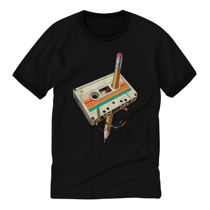 Vintage Pencil Rewind Cassette Tape Nostalgia Party 80s 90s Unisex Cotton Ringer T-Shirt
