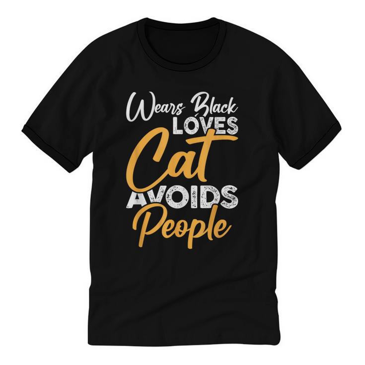 Wears Loves Cats Avoids People I Introvert Unisex Cotton Ringer T-Shirt