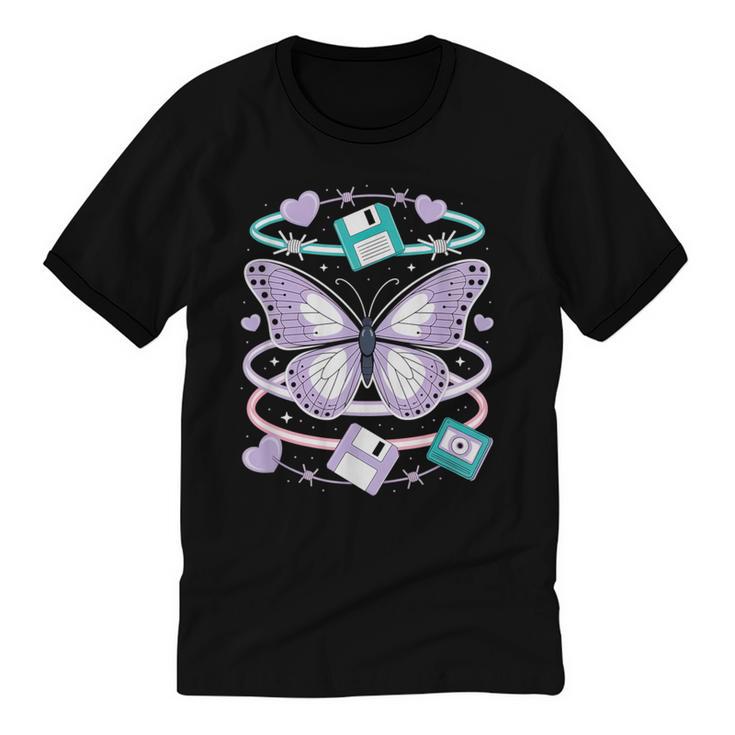 Y2K Butterfly Floppy Disk Art Digital Nostalgia Unisex Cotton Ringer T-Shirt