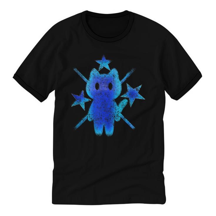 Yk2 Grunge Earthy Blue Cat With Stars Tomboy 90s Nostalgia Unisex Cotton Ringer T-Shirt