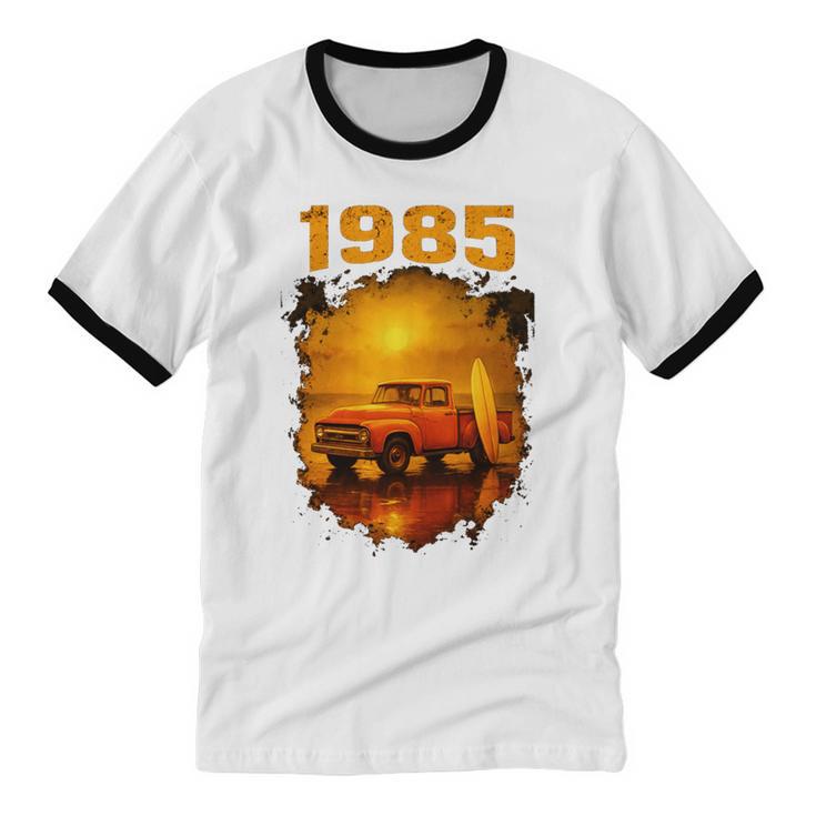 1985 Vintage Sunset Surf Truck Retro Beach Nostalgia Unisex Cotton Ringer T-Shirt
