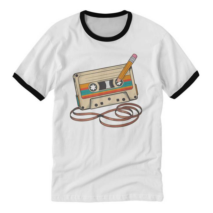 80s 90s Retro Party Costume Nostalgia Cassette Tape Pencil Unisex Cotton Ringer T-Shirt