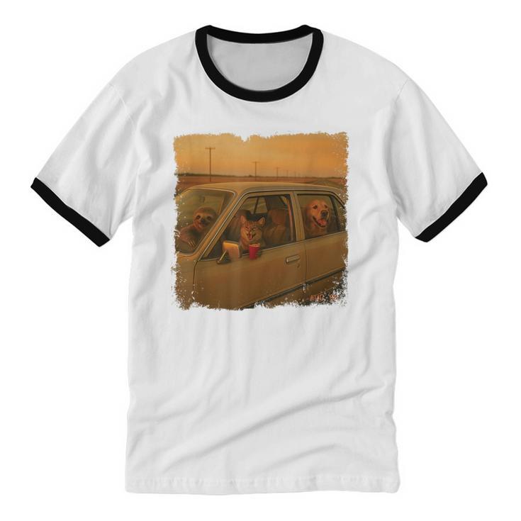 90s Roadtrip Animals Photo Cat Sloth Dog Retro Nostalgia Unisex Cotton Ringer T-Shirt