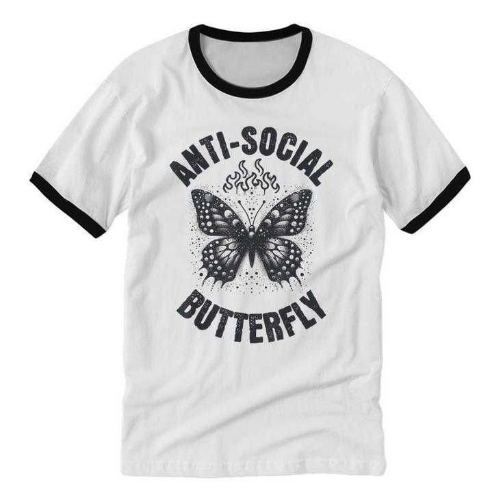 Anti-Social Butterfly Awkward Introvert Homebody Humor Unisex Cotton Ringer T-Shirt