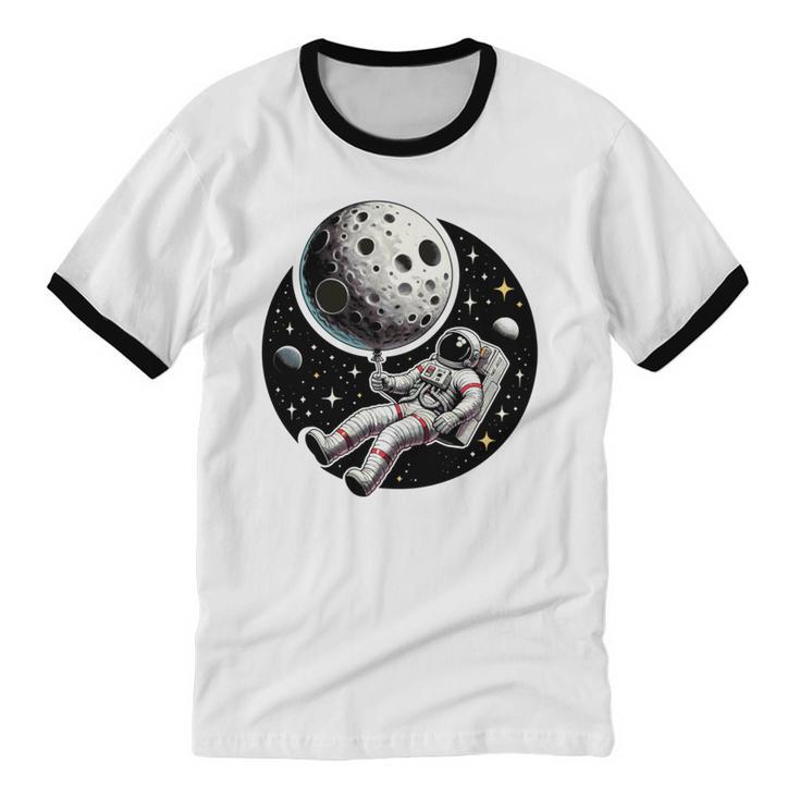 Astronaut Aesthetic Holding Moon Balloon Planets Introvert Unisex Cotton Ringer T-Shirt
