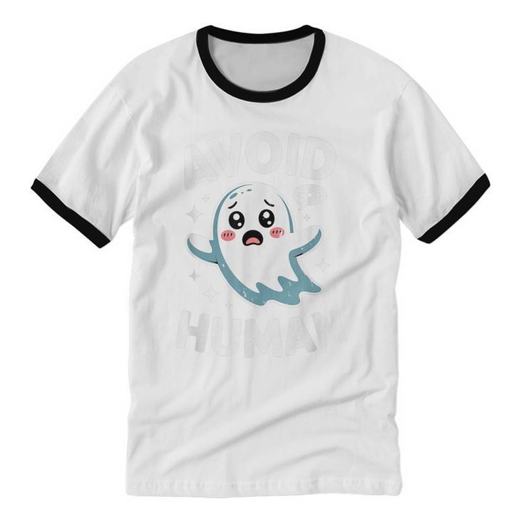 Avoid Humans Cute Kawaii Pastel Ghost Introvert Saying Unisex Cotton Ringer T-Shirt