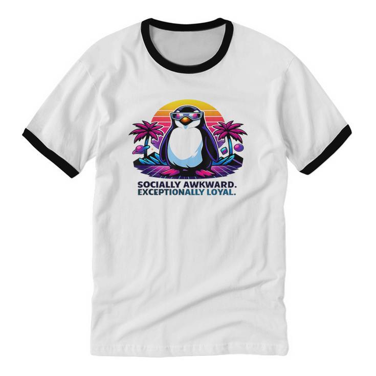 Awkward But Loyal Penguin Synthwave Vapowave Introvert Unisex Cotton Ringer T-Shirt Awkward But Loyal Penguin Synthwave Vapowave Introvert Unisex Cotton Ringer T-Shirt
