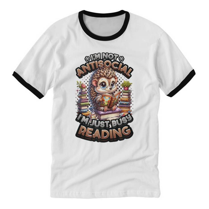 Book Lover Hedgehog Reading Books Introvert Bookworm Unisex Cotton Ringer T-Shirt