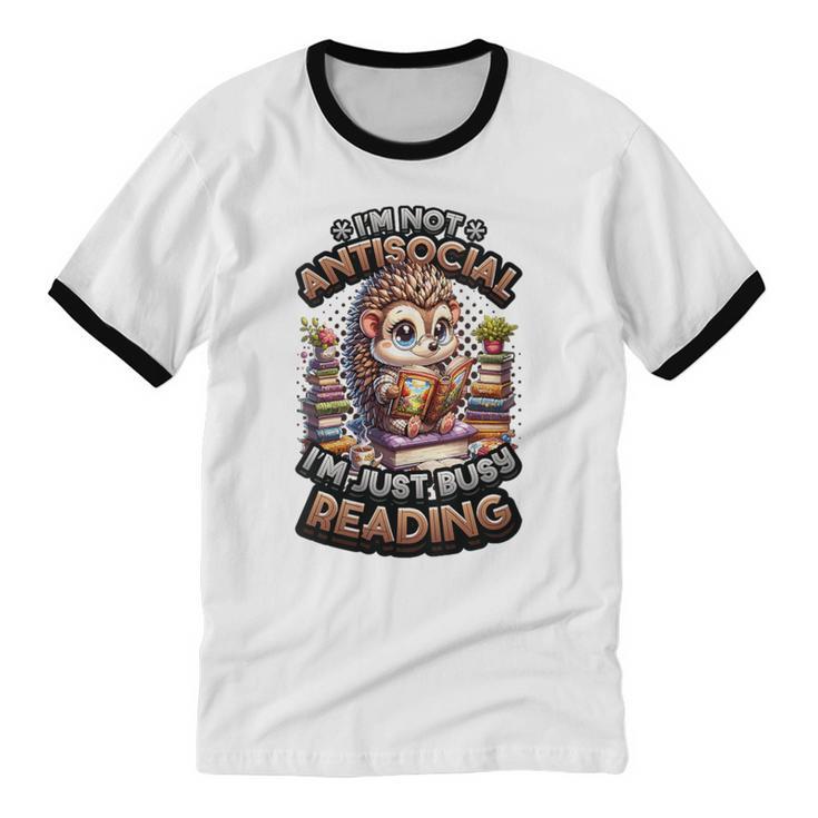 Book Lover Hedgehog Reading Books Introvert Bookworm Unisex Cotton Ringer T-Shirt