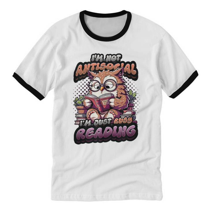 Book Lover Owl Reading Books Introvert Bookworm Unisex Cotton Ringer T-Shirt