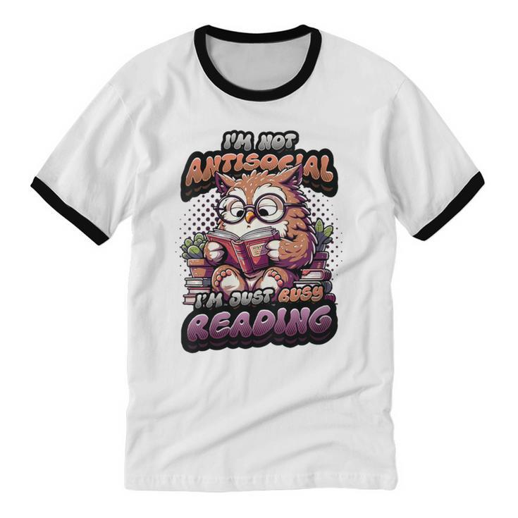 Book Lover Owl Reading Books Introvert Bookworm Unisex Cotton Ringer T-Shirt