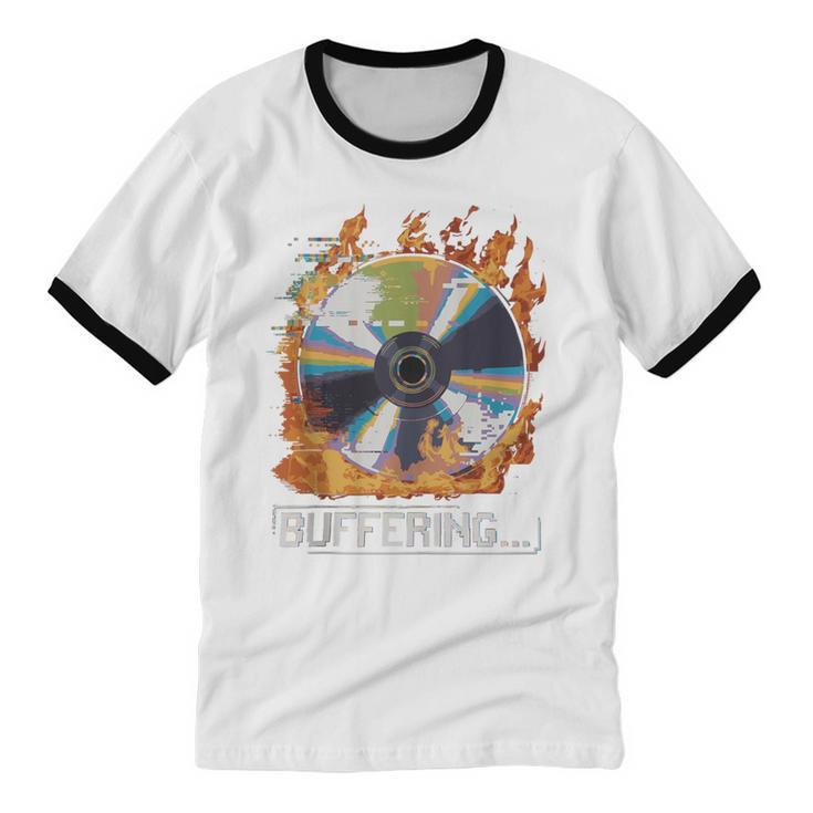 Buffering Glitched CD On Fire 2000s Nostalgia Unisex Cotton Ringer T-Shirt Buffering Glitched CD On Fire 2000s Nostalgia Unisex Cotton Ringer T-Shirt