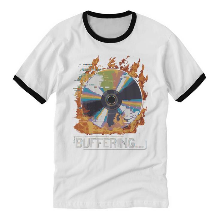 Buffering Glitched CD On Fire 2000s Nostalgia Unisex Cotton Ringer T-Shirt