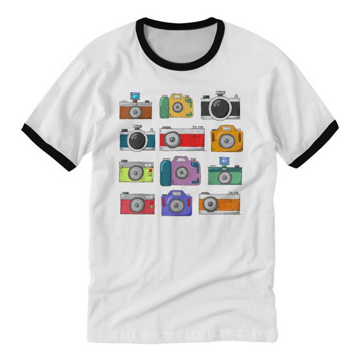 Camera Hand Drawn Old Nostalgia Retro Lens Styles Unisex Cotton Ringer T-Shirt