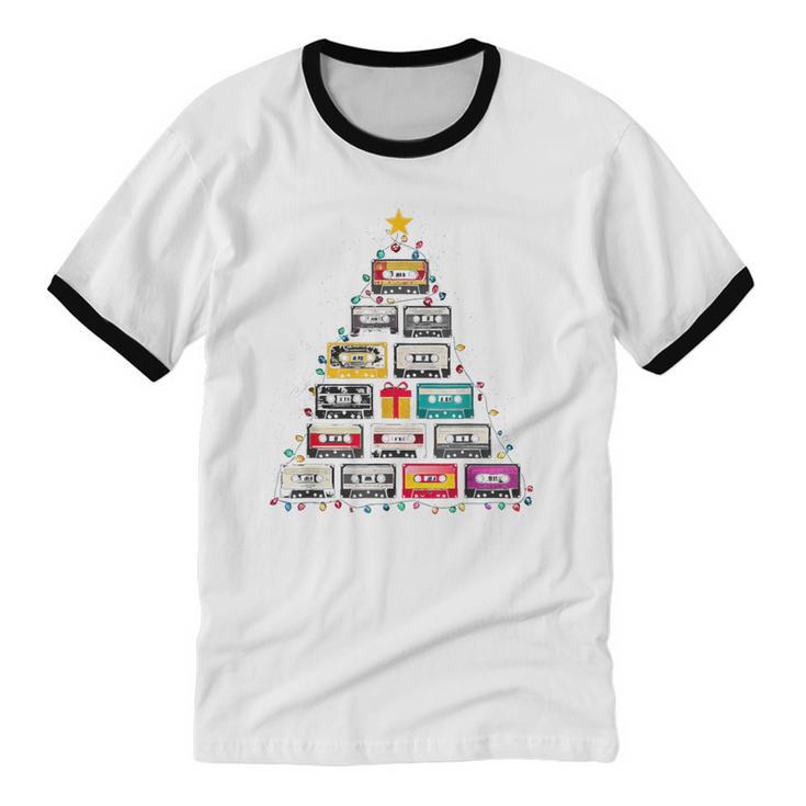 Cassette Tape Christmas Tree Graphic 80s 90s Retro Nostalgia Unisex Cotton Ringer T-Shirt