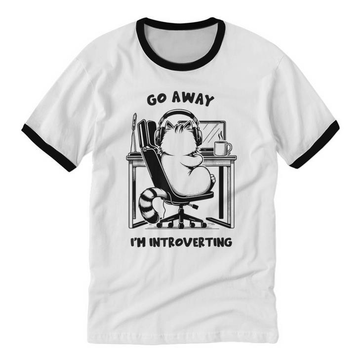 Cat With Coffee On Computer Go Away I'm Introverting Unisex Cotton Ringer T-Shirt