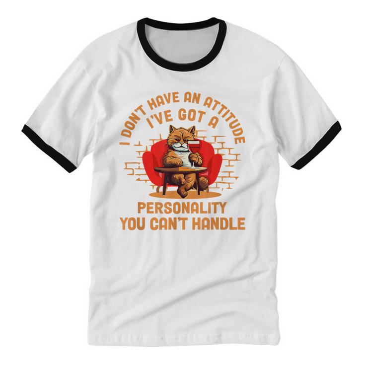 Cat Drinking Wine Solitude Party Introvert Personality For Men Women Unisex Cotton Ringer T-Shirt