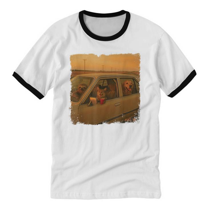 Cat Sloth Dog Retro Nostalgia Roadtrip Photo Unisex Cotton Ringer T-Shirt Cat Sloth Dog Retro Nostalgia Roadtrip Photo Unisex Cotton Ringer T-Shirt