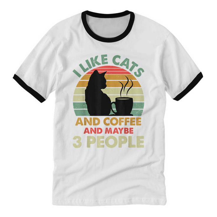 Cats Coffee & 3 People Tee Cute Font Introvert Humor Unisex Cotton Ringer T-Shirt