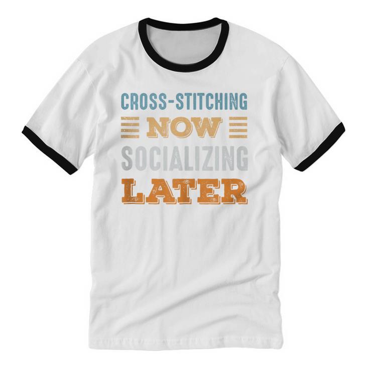 Cross-Stitching Now Minimal Socializing Introvert Vintage Unisex Cotton Ringer T-Shirt