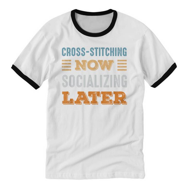 Cross-Stitching Now Minimal Socializing Introvert Vintage Unisex Cotton Ringer T-Shirt