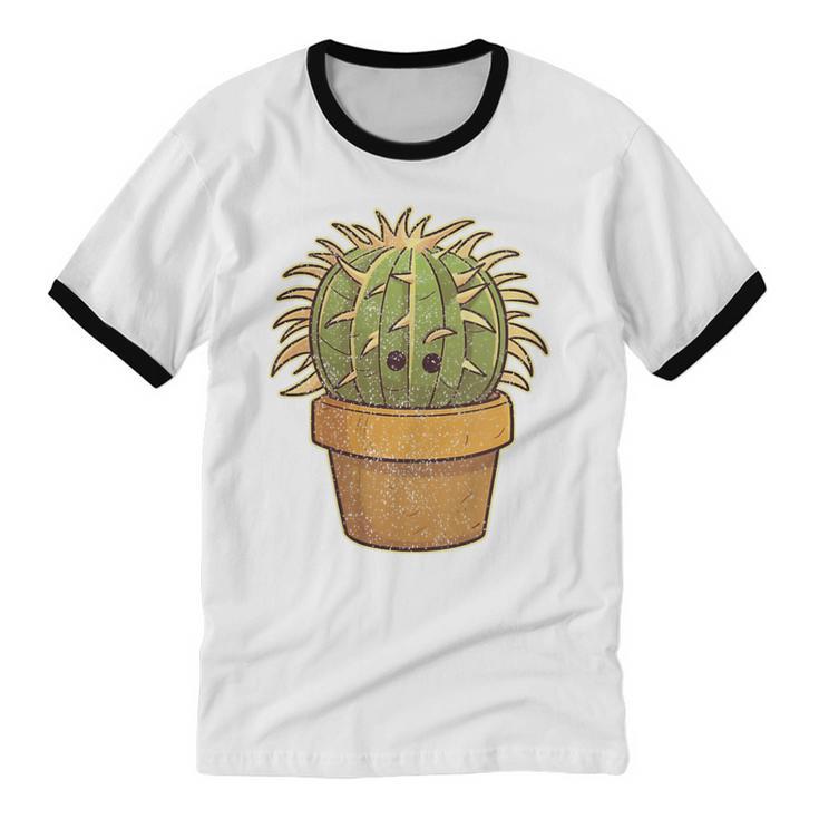 Cute Golden Barrel Cactus Introvert Distressed Unisex Cotton Ringer T-Shirt