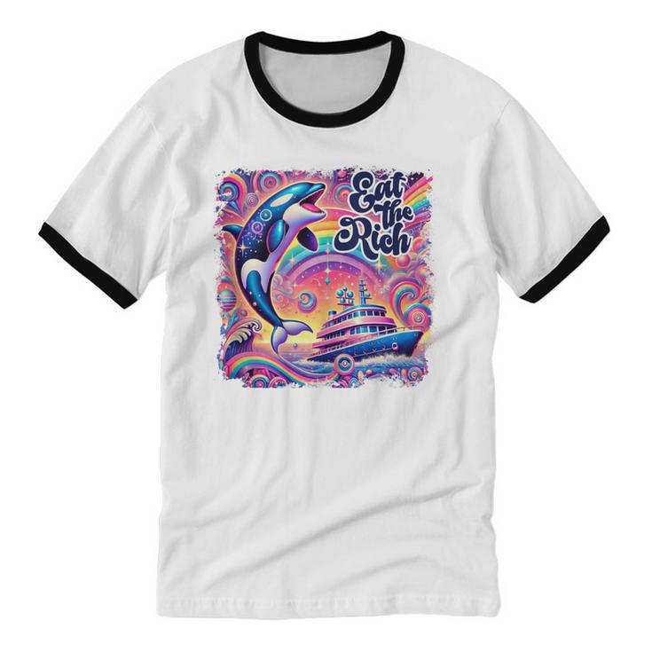 EAT THE RICH 90S NOSTALGIA WHALE ORCA YAHCT RETRO Unisex Cotton Ringer T-Shirt