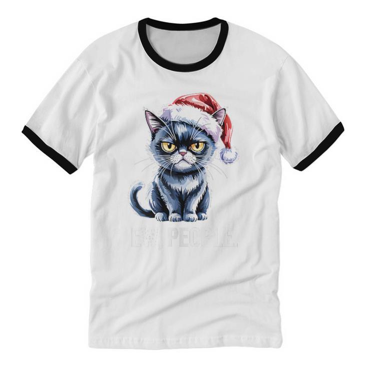 Ew People Christmas Cat Santa Hat Dad Introvert Unisex Cotton Ringer T-Shirt