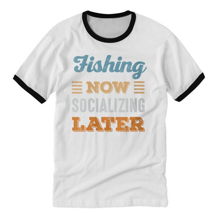 Fishing Now Minimal Socializing Introvert Vintage Unisex Cotton Ringer T-Shirt