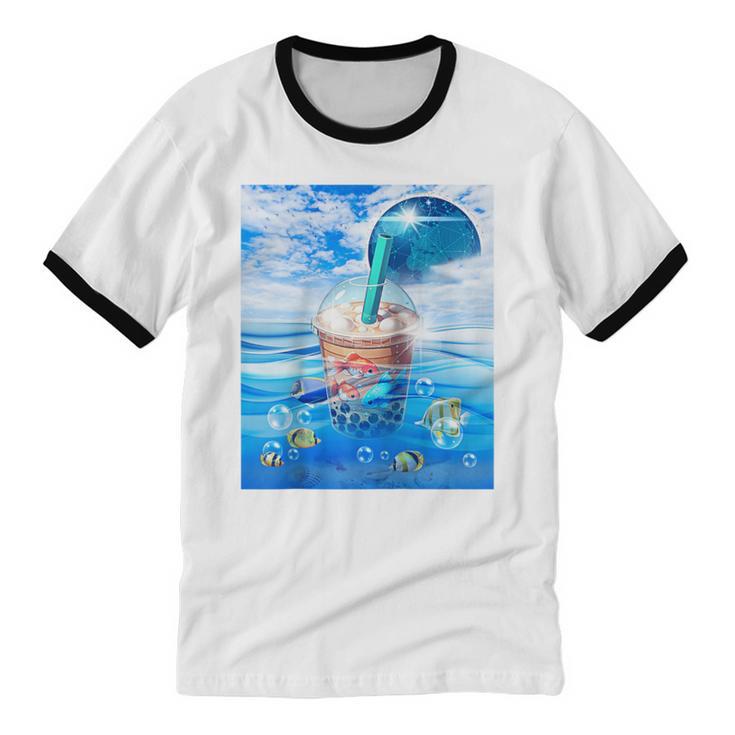 Frutiger Aero Aesthetic Tech Bubble Tea Boba Milktea Fishes Raglan Baseball Tee Unisex Cotton Ringer T-Shirt