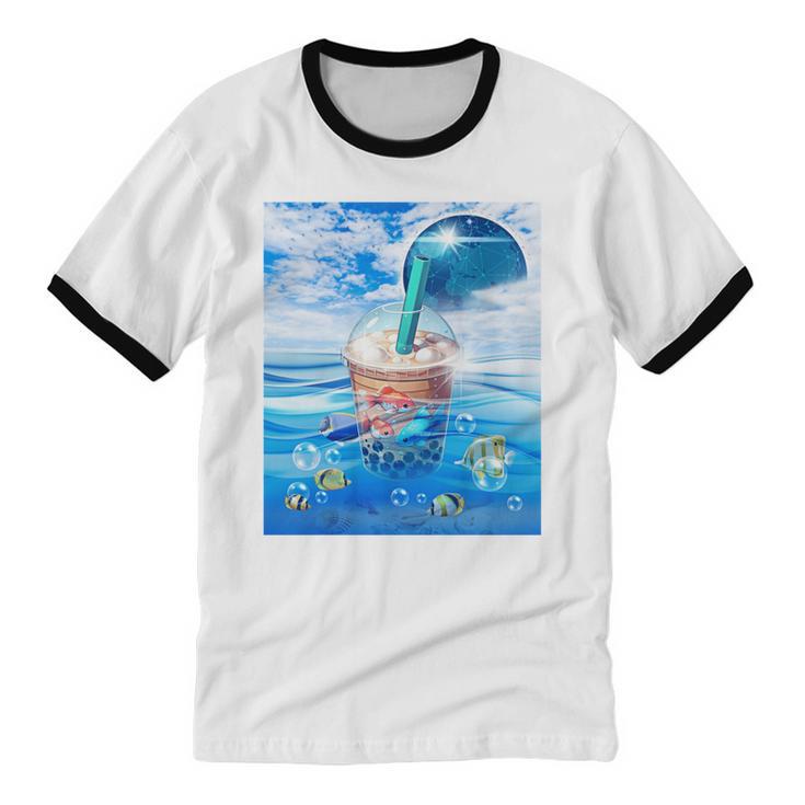 Frutiger Aero Aesthetic Tech Bubble Tea Boba Milktea Fishes Unisex Cotton Ringer T-Shirt