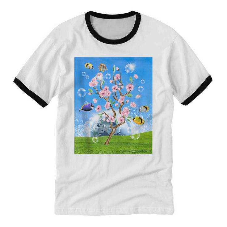 Frutiger Aero Aesthetic Tech Cherry Blossom Fishes Bubbles Unisex Cotton Ringer T-Shirt