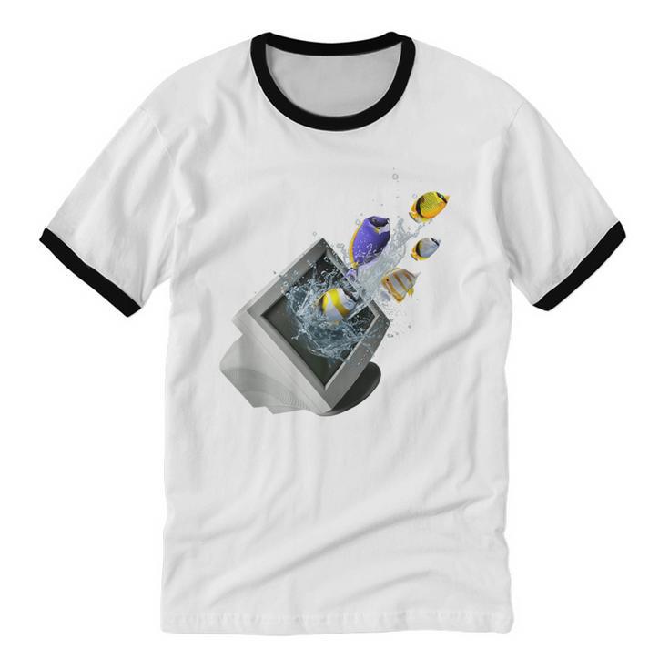 Frutiger Aero Aesthetic Tech Computer Aquarium Fishes Unisex Cotton Ringer T-Shirt