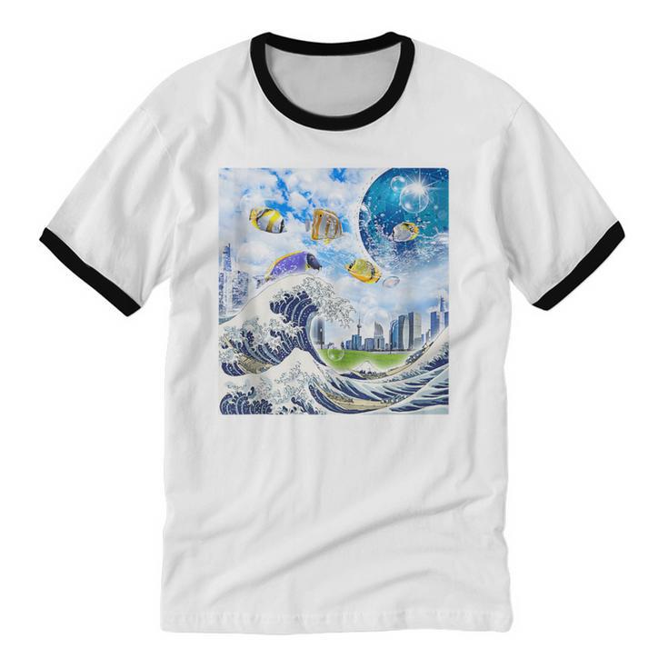 Frutiger Aero Aesthetic Tech Great Wave Of Kanagawa Fishes Unisex Cotton Ringer T-Shirt Frutiger Aero Aesthetic Tech Great Wave Of Kanagawa Fishes Unisex Cotton Ringer T-Shirt