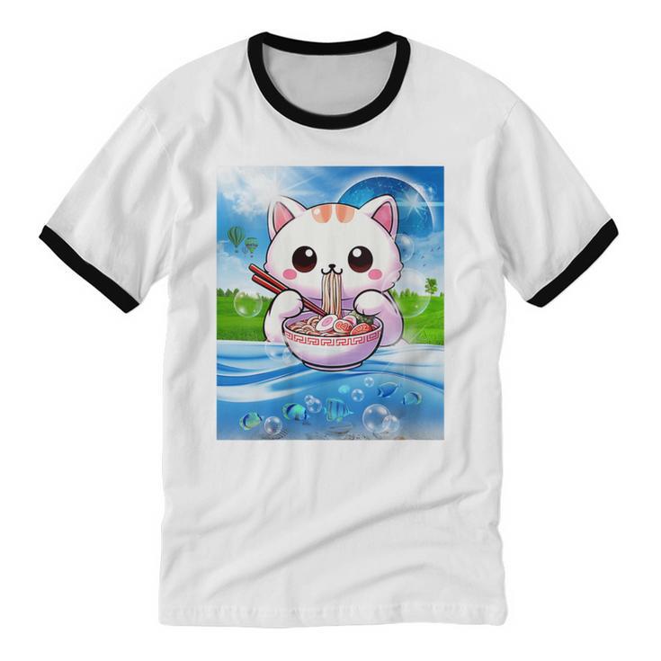 Frutiger Aero Aesthetic Tech Kawaii Ramen Cat Fishes Unisex Cotton Ringer T-Shirt Frutiger Aero Aesthetic Tech Kawaii Ramen Cat Fishes Unisex Cotton Ringer T-Shirt