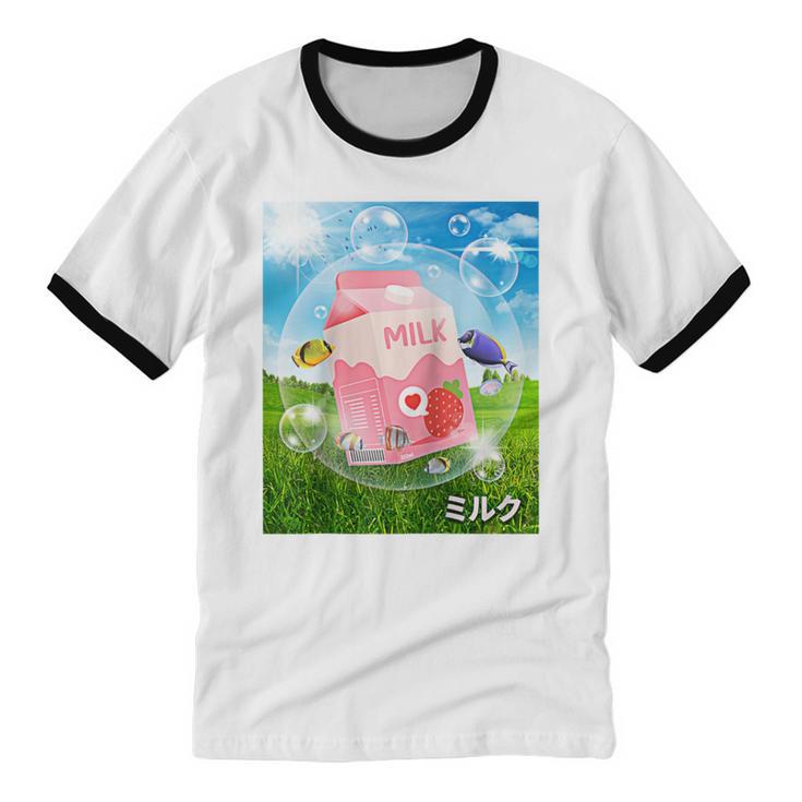 Frutiger Aero Aesthetic Tech Kawaii Strawberry Milk Fishes Raglan Baseball Tee Unisex Cotton Ringer T-Shirt