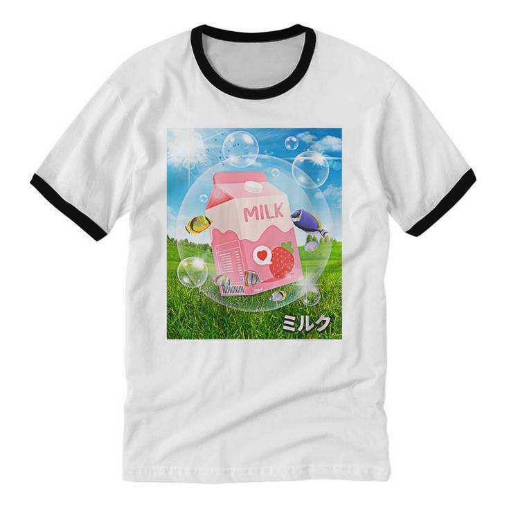 Frutiger Aero Aesthetic Tech Kawaii Strawberry Milk Fishes Unisex Cotton Ringer T-Shirt Frutiger Aero Aesthetic Tech Kawaii Strawberry Milk Fishes Unisex Cotton Ringer T-Shirt