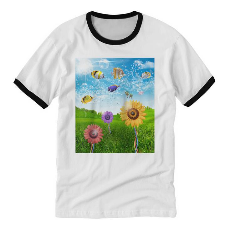 Frutiger Aero Aesthetic Tech Scenery Fishes Sunflower Raglan Baseball Tee Unisex Cotton Ringer T-Shirt