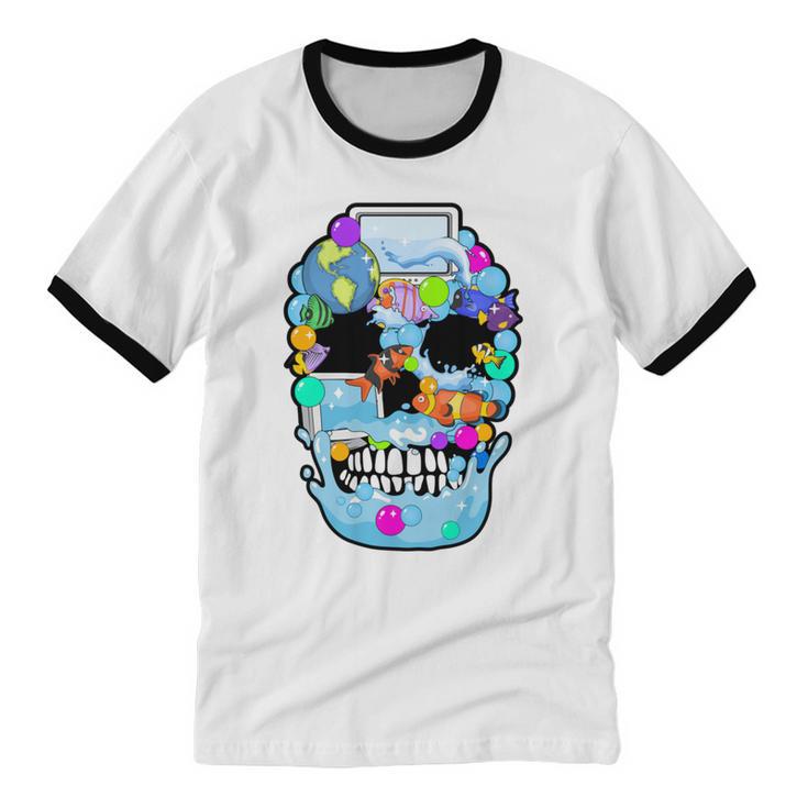 Frutiger Aero Aesthetic Tech Skull Computer Fishes Unisex Cotton Ringer T-Shirt